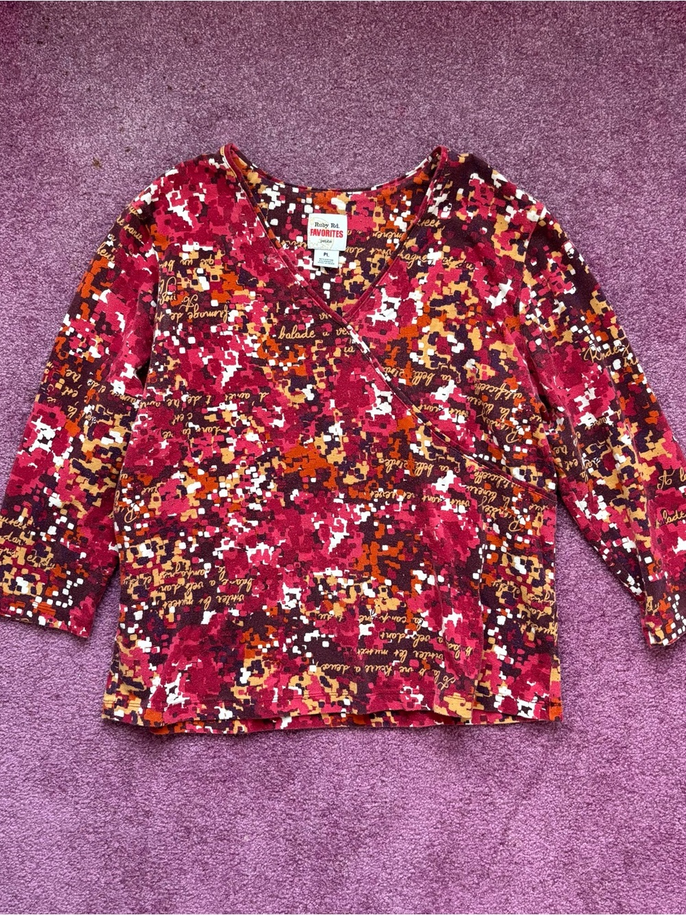 Ruby Rd Y2K red Print Wrap-Style Top - Red, Orange, White size petite large